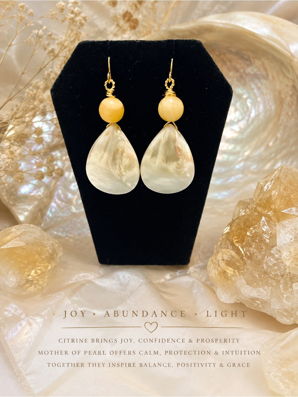 Gold Citrine & Mother-of-Pearl Teardrop Dangle Earrings